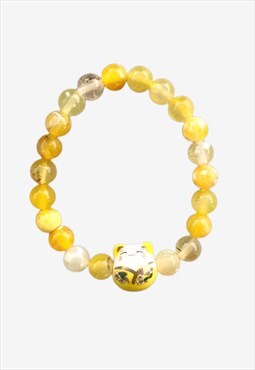 Lucky Cat Yellow Dragons Vein Agate Beaded Gemstone Bracelet