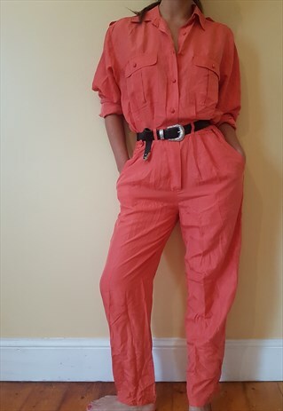 VINTAGE 80S CORAL PINK SILK JUNPSUIT
