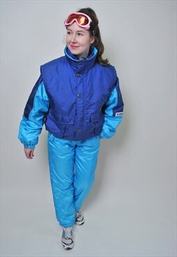 Women 80s ski suit, vintage one piece blue snow suit