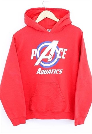 VINTAGE AQUATICS HOODIE RED WITH SPORTS GRAPHIC AND POCKET