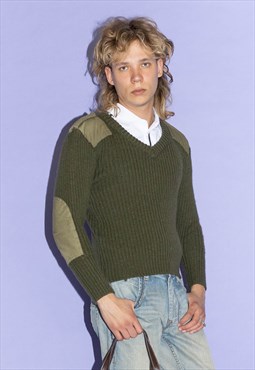 90's Vintage patched ribbed wool jumper in khaki green