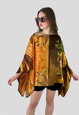 70's Vintage Scarf Yellow Brown Floral Kimono Poncho Top