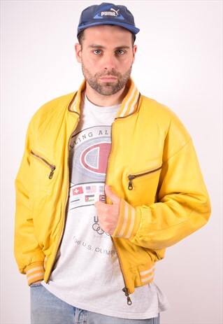 MENS VINTAGE LEATHER BOMBER JACKET LARGE YELLOW 90S