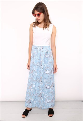 VINTAGE 70S BLUE WHITE FLORAL MAXI DRESS