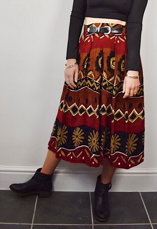 VINTAGE 90S TERRACOTTA TRIBAL PRINT MIDI SKIRT