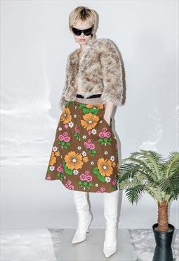 Vintage Y2K retro moms garden print midi skirt in brown