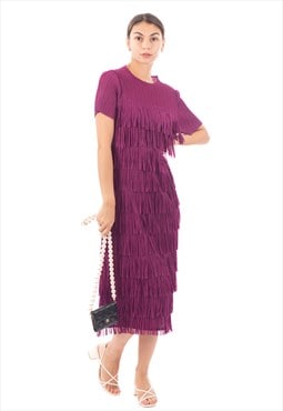 Pleated Midi dress with multi layer fringed tassel design