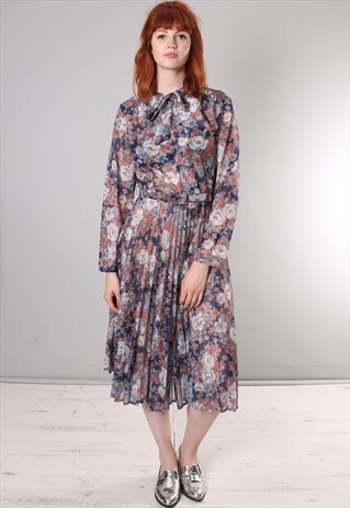 VINTAGE 60S FLORAL PATTERNED CHIFFON PLEATED BELTED DRESS