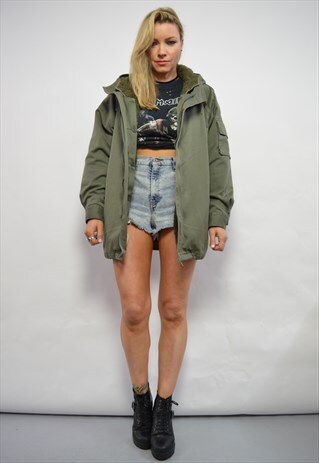 VINTAGE 90S ARMY GREEN MILITARY HOODED PARKA COAT