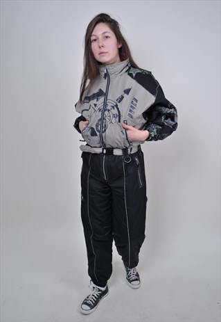 PATTERN BLACK SKI SUIT, 80S RED ABSTRACT PRINT SNOW SUIT