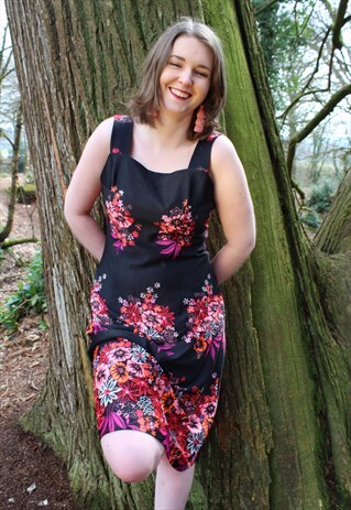 VINTAGE BLACK ORANGE PINK FLORAL NEON STRAPPY MIDI DRESS
