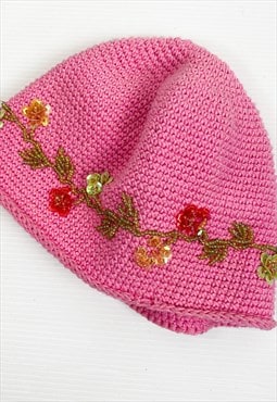 Vintage 90s beads crochet pink hat 