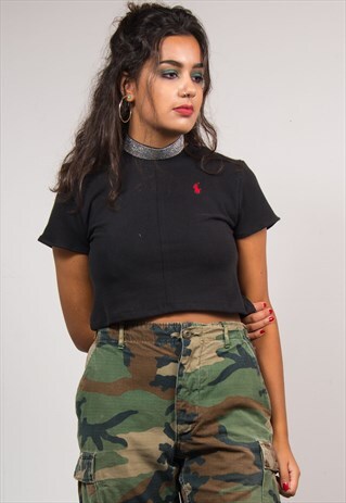 VINTAGE 90'S RALPH LAUREN REWORK BLACK CROPPED T-SHIRT