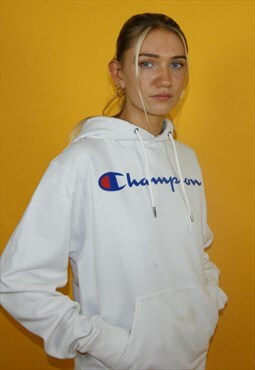 Vintage Y2K Champion Centre Logo Hoodie White Size Small