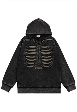 Skeleton hoodie bones pullover old wash punk jumper in grey