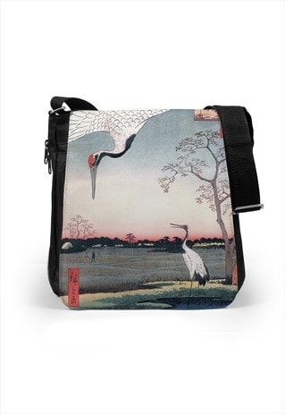 JAPANESE WOODBLOCK ART REPORTER SHOULDER BAG TABLET CRANES