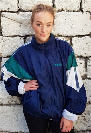 VINTAGE DIADORA SPELLOUT TAPED TRACK JACKET BLUE GREEN WHITE