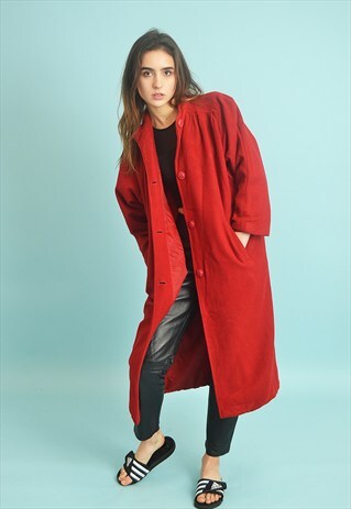 80'S RETRO RED MINIMALIST WARM WOOLLEN LONG COAT