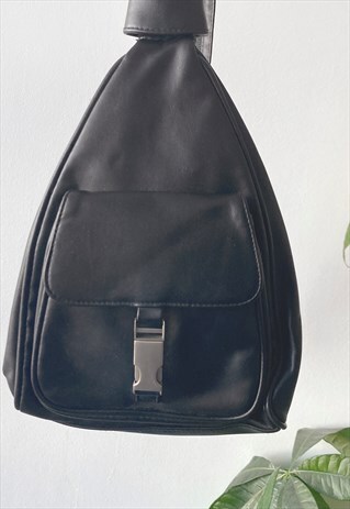 Vintage Y2K 00's Black Classic Preppy Faux Leather Backpack