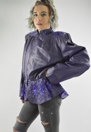 STUNNING VINTAGE 80S PURPLE LEATHER PEPLUM JACKET W/SEQUINS