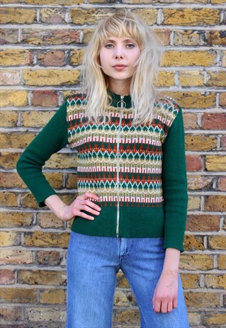 VINTAGE 70S O RING ZIP PATTERNED KNIT JUMPER