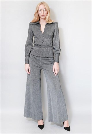 VINTAGE 1970'S METALLIC LUREX GREY TOP & TROUSER SUIT CO-ORD