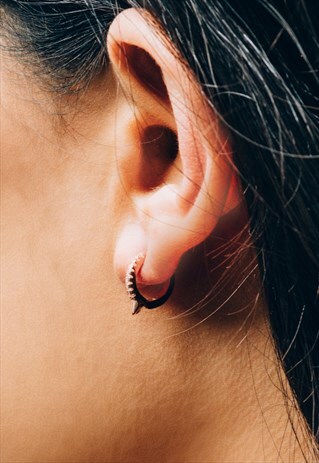 MICRO PAVE STONE SPIKE HUGGIE HOOP ROSE GOLD EARRINGS