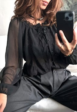 Black Sheer Sleeve Top / Blouse - Large 