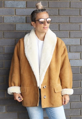 VINTAGE 1990S TAN SUEDE SHEARLING OVERSIZED COAT