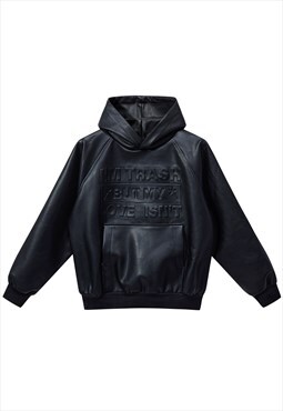 Faux leather hoodie PU pullover utility punk jumper in black