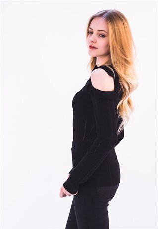 FRILL COLD SHOULDER KNITTED TOP (BLACK)