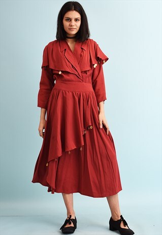80'S RETRO DRAPED GIPSY MAROON MIDI DRESS