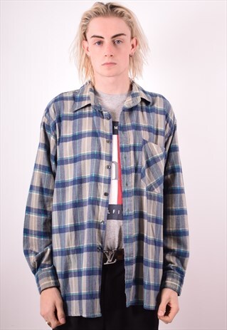 MENS VINTAGE FLANNEL SHIRT XL BLUE CHECK 90S