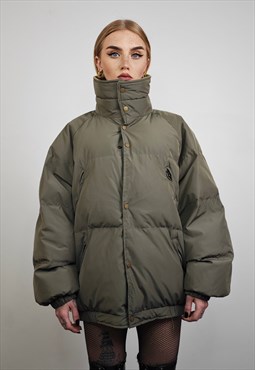 Gorpcore bomber jacket green raised neck utility puffer 