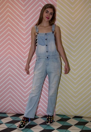 DUNGAREES, PALE DENIM, ALL-IN-ONE WITH RIPS & FRAYS