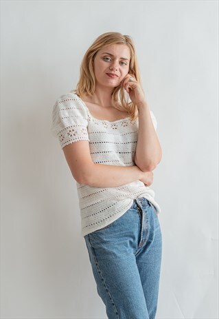 VINTAGE 80S CROCHET PUFFER SLEEVE TOP IN WHITE