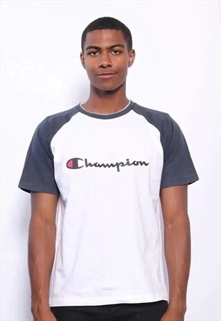 VINTAGE CHAMPION BIG LOGO SPELLOUT T-SHIRT WHITE AND BLUE