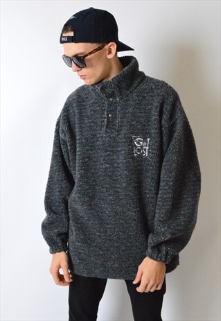VINTAGE 90S GREY EMBROIDERED 1/4 BUTTON FLEECE JUMPER