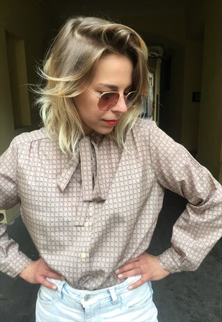 VINTAGE 70' AMAZING PATERNED BOW TIE BLOUSE