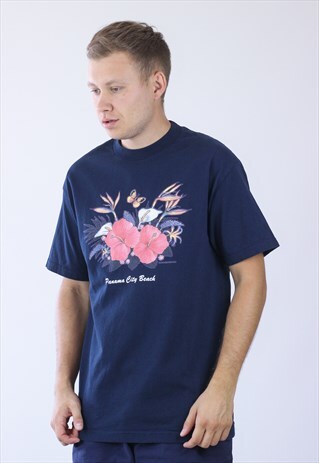VINTAGE MENS PANAMA CITY BEACH BIG FLOWERS LOGO T-SHIRT