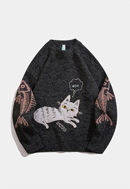 Miillow Cat jacquard casual loose knit jumper