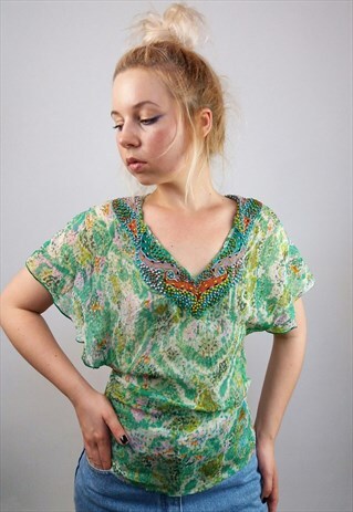 VINTAGE 90'S ANTIK BATIK BEADED FESTIVAL SILK TOP