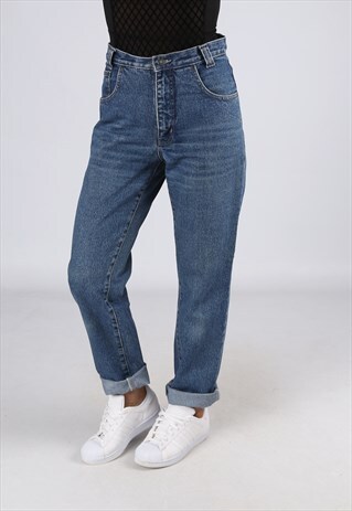 HIGH WAISTED DENIM JEANS TAPERED LEG VINTAGE UK 12 (F25Q)