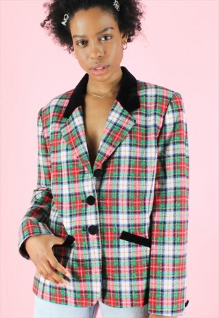 VINTAGE 90S BLAZER JACKET TARTAN CHECK WITH VELVET