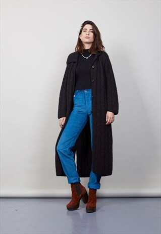 VINTAGE 70'S MAXI WOOL BLACK/BROWN CARDIGAN