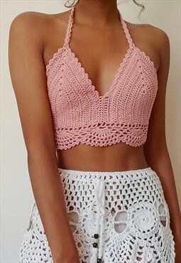 Elvinia Pink Crochet festival halter neck tie back crop top 
