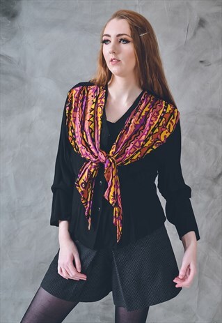 VINTAGE PATTERNED COLLARED BLOUSE IN BLACK 80S