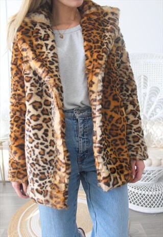 VINTAGE FAUX FUR COAT LEOPARD PRINT SIZE S / M