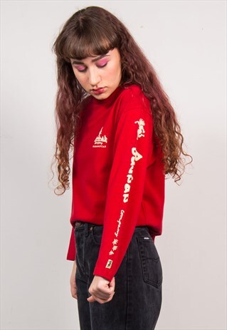 VINTAGE 90'S RED MADAGASCAR PRINT LONG SLEEVE T-SHIRT