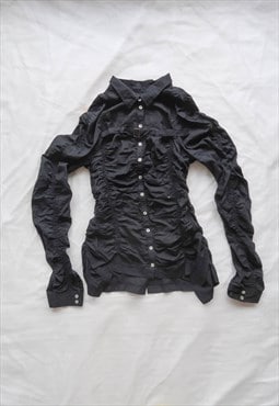 Vintage Utility Dark Steampunk Ruched Button On Shirt